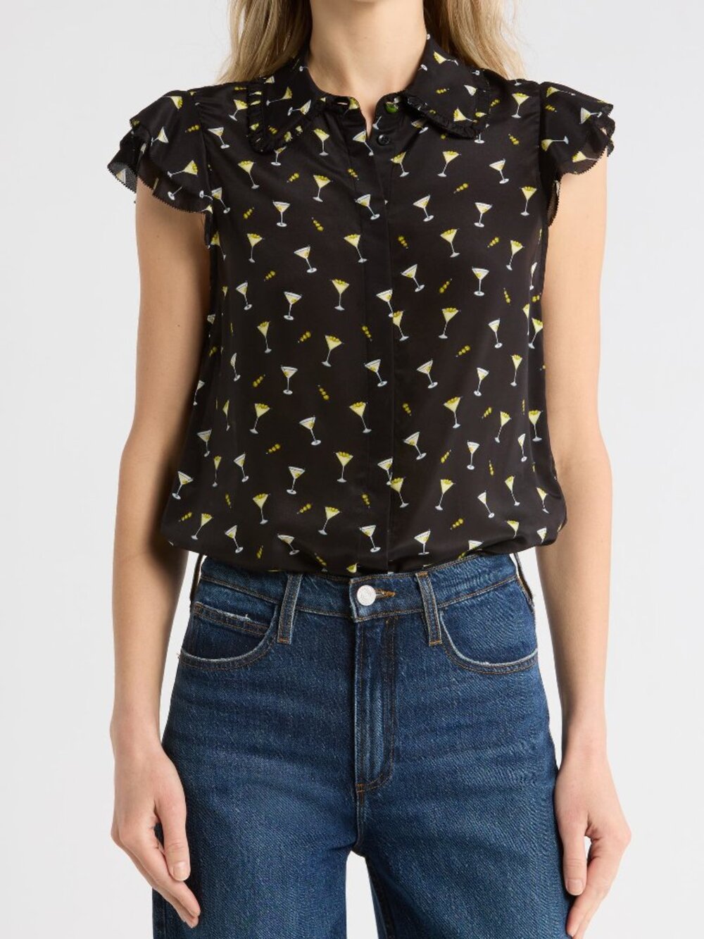 NWT ALICE + OLIVIA Last Call Martini Print Silk Blouse Black Ruffle XS